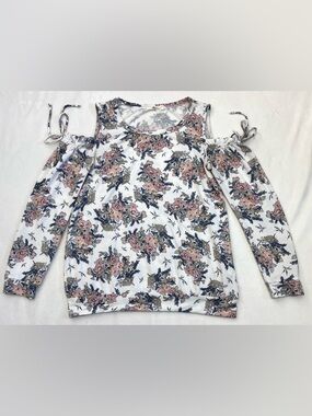 ANDRÉE BY UNIT Women’s White Floral Print Cold Shoulder Blush Pink Blouse Top